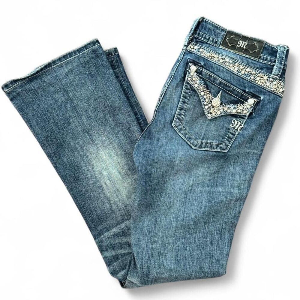Miss Me Mid Rise Bootcut Jeans Size 28 Metallic Silver Stitch Embellished - Picture 7 of 7